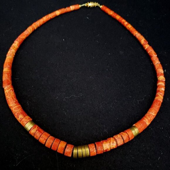 Dyed Sponge Coral and Brass Bead Necklace - Picture 1 of 7